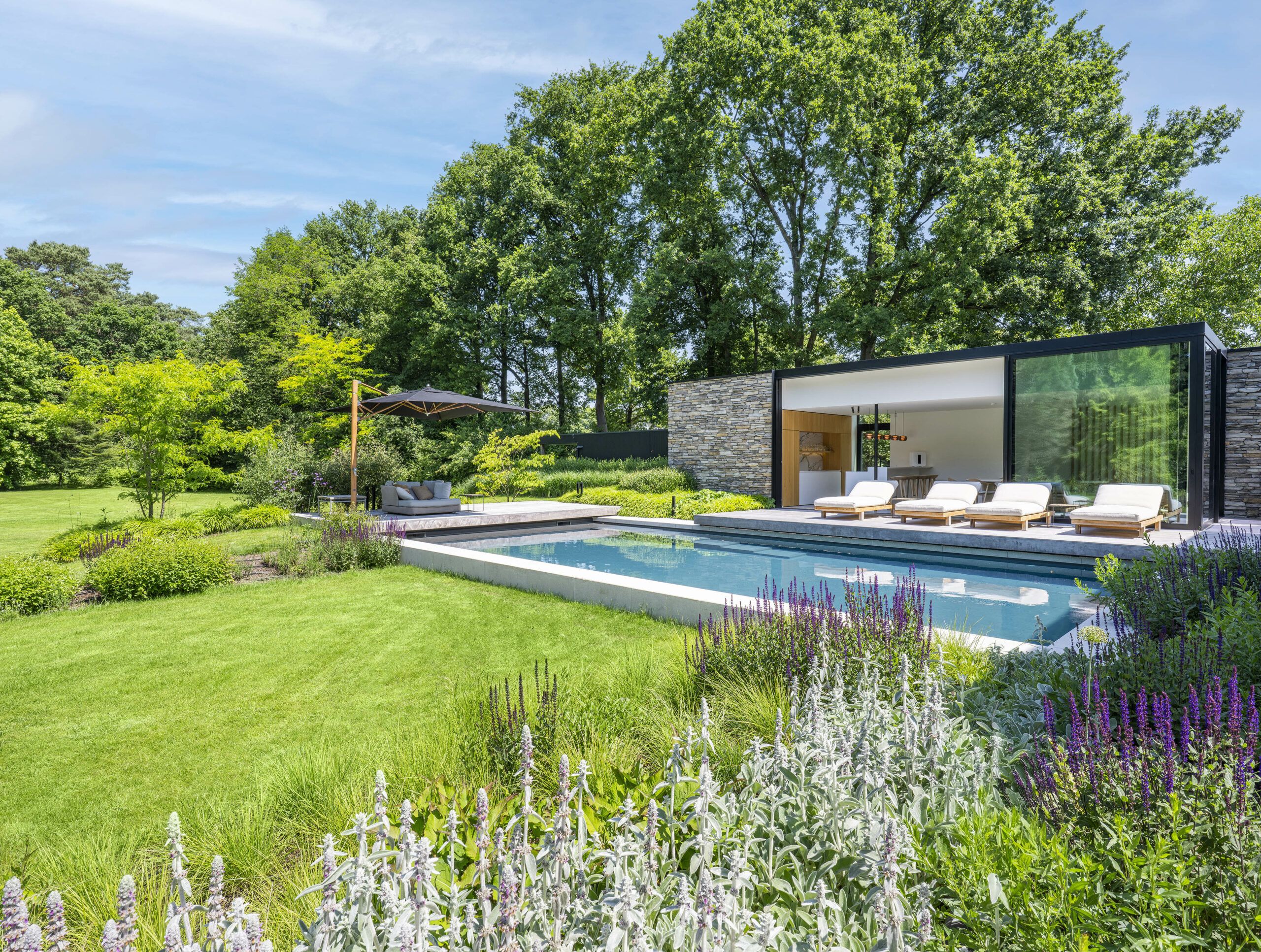 Architecturale tuin met zwembad, onderhouden door Artgreen